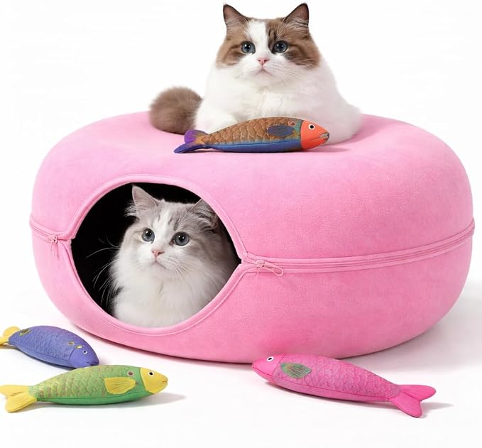 Cat Cave, Cat Tunnel Bed, Premium Cave Donut Tunnel Bed Set with Interactive Soft Cat Toys, Donut Design - Ideal Houses for Indoor by Luniko Shop (Pink) by Unknown