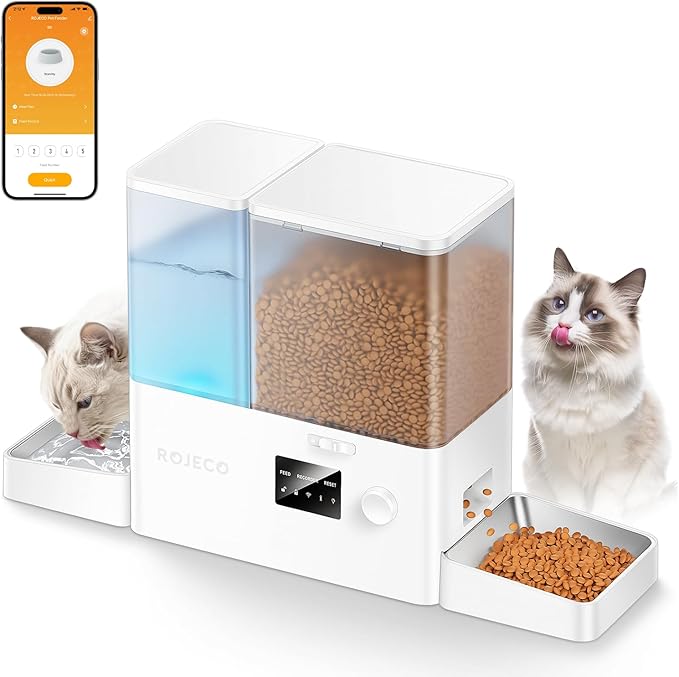 ROJECO 2-in-1 Automatic Cat Feeder & Water Dispenser,WiFi Control Feeding | 2.4G WiFi APP/Timed Feeding/5L Food Feeder,3.5L Water Fountain/Stainless Steel Bowls/Detachable Clean/White by ROJECO
