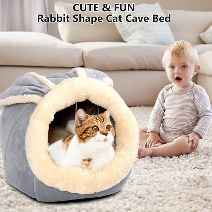 Cat Beds for Indoor Cats-Rabbit-Shaped Cat Cave Bed with Hanging Toy,Grey M | Super Soft Calming cat Tent house for Kitten&Puppy,Warm Plush&Machine Washable&Removable Cushioned Pad,Cute cat Hideaway - Image 2