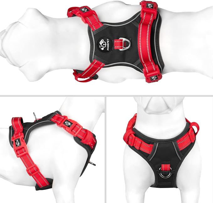 No Pull Dog Harness, Unique Colors Reflective Adjustable Dog Vest | with Soft Training Handle Metal Clips for Small Medium Large Dogs (Black Base & Red Straps,L) - Image 2