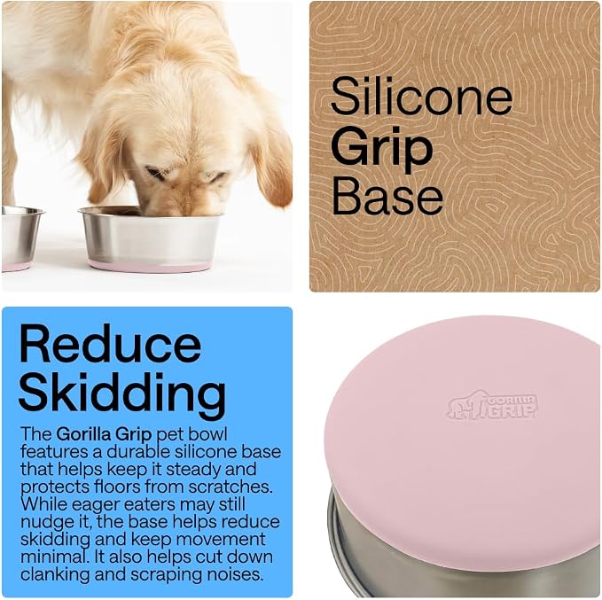 GORILLA GRIP Dog Bowls, Food Grade Stainless Steel, Set of 2, 4 Cup, Pink | 304 Stainless Steel Pet Feeding Bowls Hold 32 fl oz Each, Dishwasher Safe, Rust Resistant, BPA Free Rubber Base - Image 3