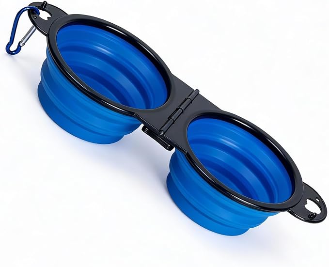 Double Collapsible Dog Bowls for Travel, Food and Water Set with Clip, Blue | 13.5 oz each, folds flat, carabiner clip, walking, hiking, camping, for small and medium pets - Image 4
