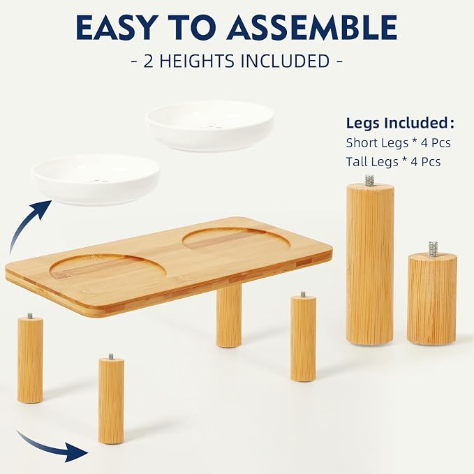 DoogCat Raised Cat Bowls, Bamboo Stand with 2 Ceramic Bowls | Adjustable Height, Whisker-Friendly Design, Food & Water Set, Stable Construction, Easy to Clean - Image 5