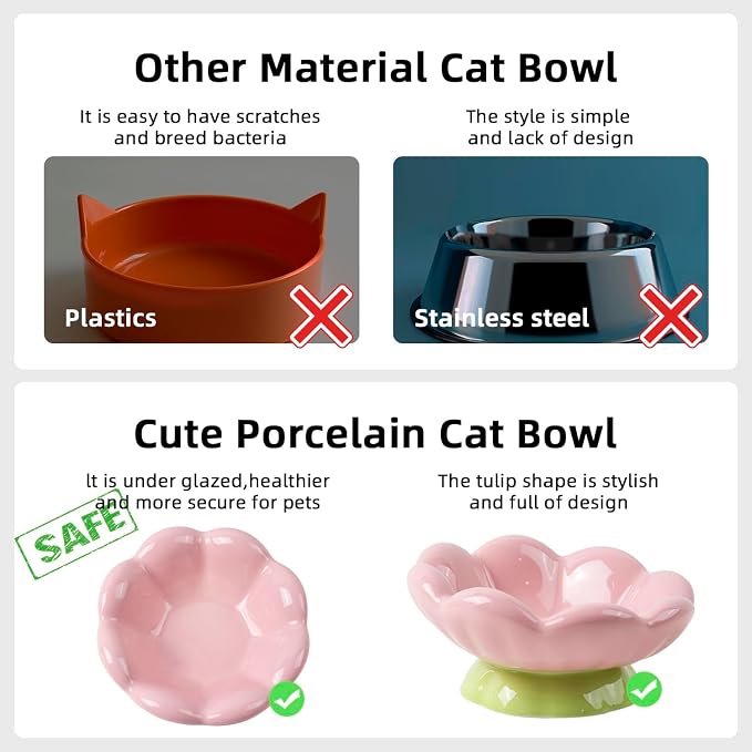 DIF DECO Ceramic Raised Cat Bowl, Pink Elevated Food Bowls for Food and Water Protecting Spine and Whisker Friendly,Tulip Shape Cute Pet Feeder Dish for Indoor Cats and Small Dogs(Height 3.3 inch) - Image 6