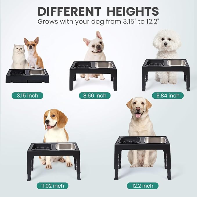 Niubya Elevated Dog Bowls, with Slow Feeder Bowl and Stainless Steel Dog Food Bowl, Raised Dog Bowls Adjusts to 5 Heights (3.15", 8.66", 9.84",11.02", 12.2") for Small Medium and Large Dogs - Image 5