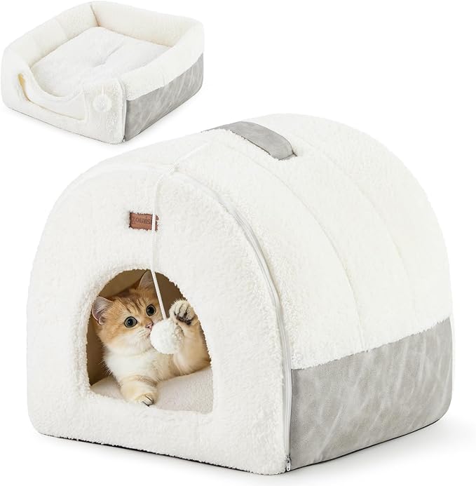 ZOMISIA 2in1 Cat Bed for Indoor Cats Foldable Pet cave with Washable Pillow | 15 inch, Enclosed Cat Hideaway with Non-Slip Bottom, Cozy Cat Tent for Anxious Kitten, Easy to Assemble, with Fluffy Ball by Zomisia