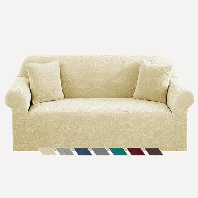 YEMYHOM Couch Cover Latest Jacquard Design High Stretch Sofa Covers for 2 Cushion Couch, Pet Dog Cat Proof Loveseat Slipcover Non Slip Elastic Furniture Protector (Medium, Begonia Leaf Beige) by YEMYHOM