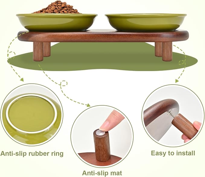 SPUNKYJUNKY Shallow Elevated Cat Bowl with Acacia Wood Stand Wide Raised Ceramic Cat Dishes Whisker Friendly Pet Food and Water Plates (Striped Pattern, Green) - Image 5