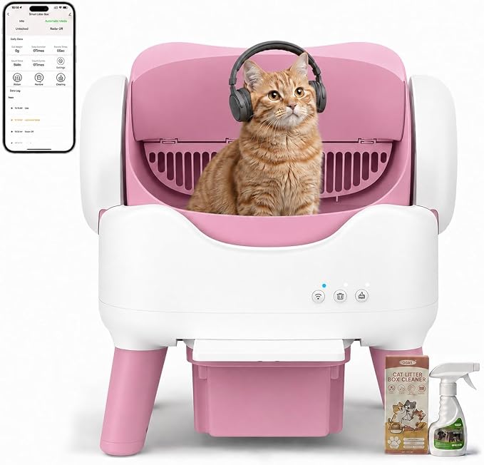RPZ Automatic Cat Litter Box with APP Control, Open-top Design, 360° Safety Sensors, Self Cleaning Cat Litter Box for Multiple Cats, Litter Mat & 2 Rolls Refill Bags Included by RPZ