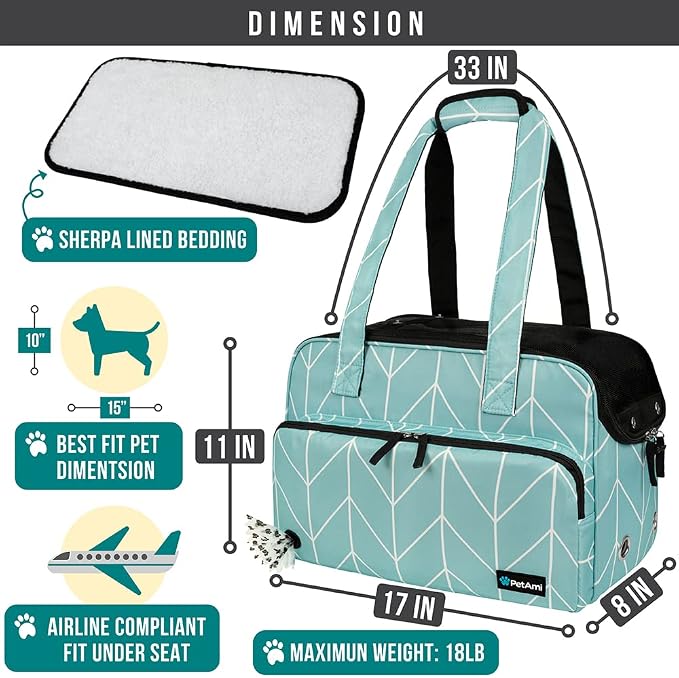 PetAmi Small Dog Purse Carrier, Soft-Sided Pet Carrier Bag with Pockets, Portable Puppy Cat Travel Handbag Tote, Airline Approved Breathable Mesh, Poop Bag Dispenser, Max 18 lbs, Chevron Teal - Image 2