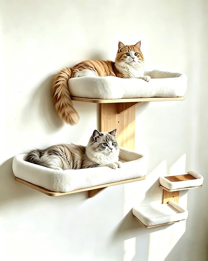 Cat Wall Shelves with Cat Bed 2 in 1 Furniture with Soft Cushion Perch & Pet Cooling Mat 2 Platform Climbing Wall Systems Tree Tower for Indoor Cats Rubber Wood Corner Floating Shelf by BaitengTech