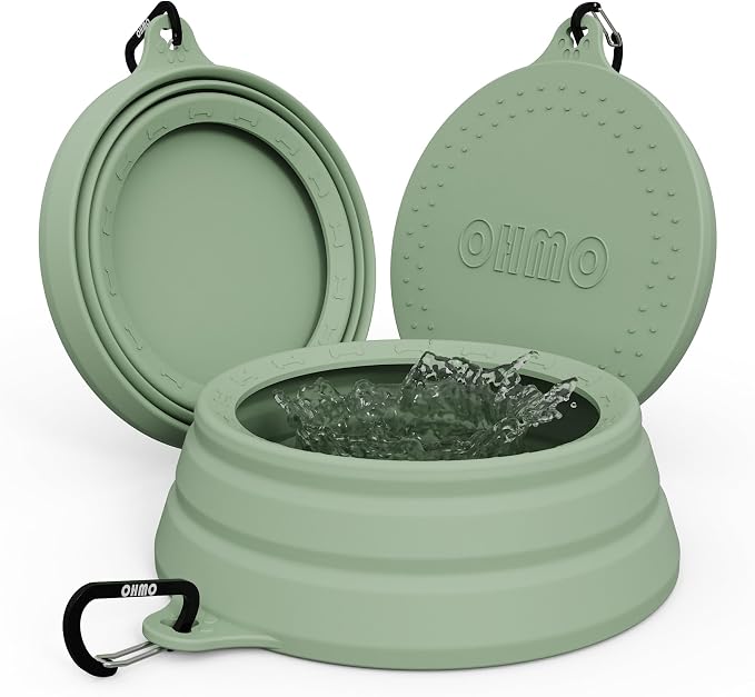 OHMO Spill Proof Collapsible Dog Bowl, 34oz Portable Dog Water Bowl | Low Center Gravity Stability, Tapered Splash Control, Foldable, Dishwasher Safe, Dog Travel Essential, Sage Green by OHMO