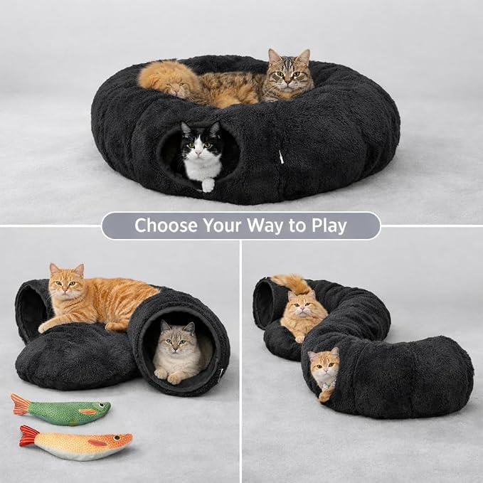 Cat Tunnel Bed with 2 Catnip Fish Toys (1000mg Natural Catnip) Interactive Cat Toys, Cat Tubewith Kitten Toys for Indoor Kittens, Collapsible Play Tunnel, Dark Grey - Image 6