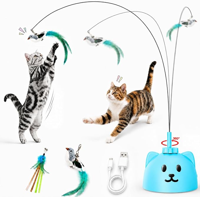 Interactive Cat Toys for Indoor Cats, 360° Automatic Spin Flying Bird Wand | 8cm Suction Cup & Weighted Base, Silicone-Protected Rod, USB Rechargeable with Replaceable Feather & Streamer Attachments by Unknown