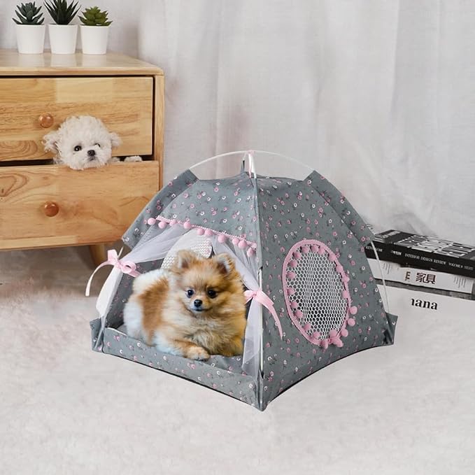 Cat Bed Tents Dog House Indoor Outdoor Lace Mesh Breathable Windows Door Curtains Removable Portable Nest Teepe House (Medium,Gray&Pink) - Image 2