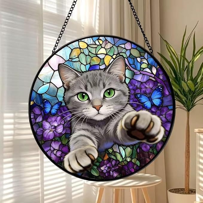 Stained Glass Window Hanging Cat Suncatcher with Butterfly Design, Round Window Hanging Decor, Colorful Sun Catcher for Home, Garden & Gifts for Cat Lovers - Image 8