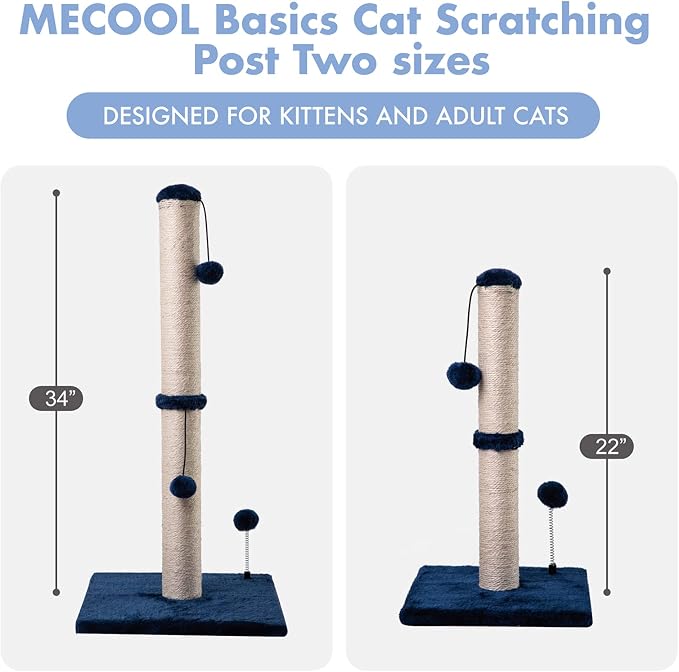 MECOOL 34“ Tall Cat Scratching Post Premium Basics Kitten Scratcher Sisal Scratch Posts Trees with Hanging Ball for Indoor Cats, Navy - Image 6