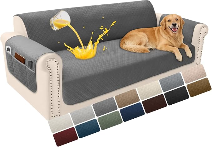 Velvet 100% Waterproof Couch Cover for Dogs Washable Sofa Covers for 3 Cushion Couch Pet Friendly Sofa Slipcovers Set Non Slip Quilted Furniture Protector with Pockets (Large, Dark Grey) by YUEVELLASofaCover