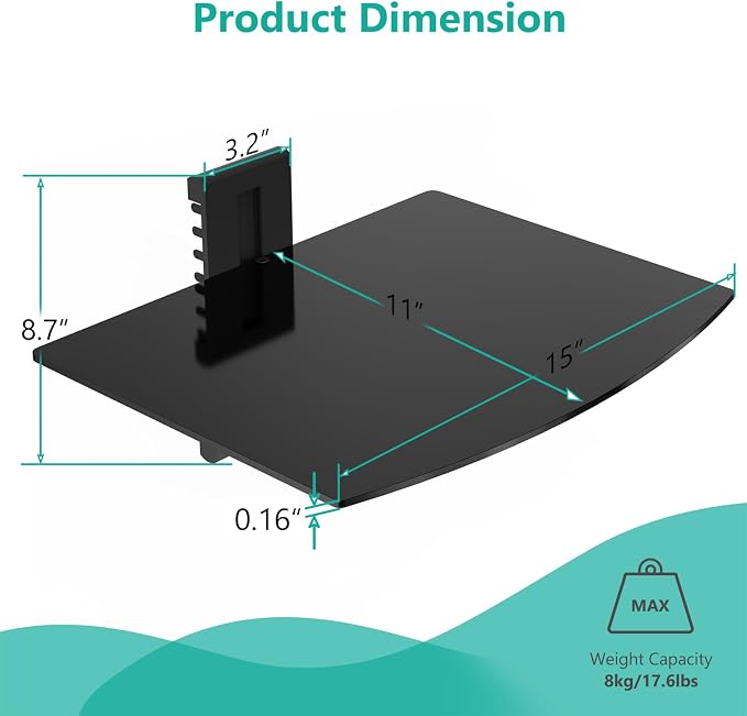 WALI Floating TV Shelf, 1 Tier Glass Projector Shelf for DVD Players, Routers, Game Consoles, Cable Boxes, Living Room Decor, Wall Mount Shelves Hold Up to 17.6lbs (CS201B), 1-Shelf, Black - Image 3