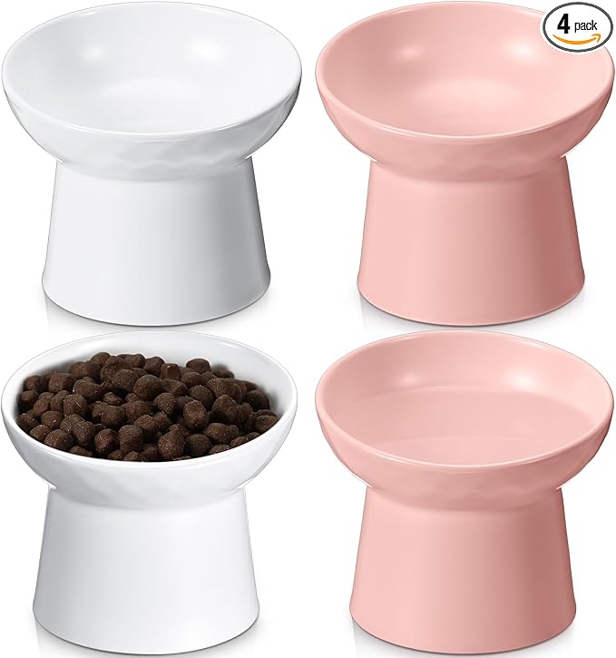4 Pcs Ceramic Raised Cat Bowls, Elevated Tilted Cat Bowl for Food Water, Stress Free, Backflow Prevention, Dishwasher Microwave Safe, Feeder Dish for Indoor Kitten, Small Dogs(White and Pink) by Tanlade
