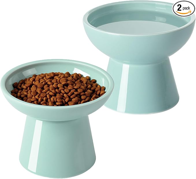 LoeJan Elevated Cat Food and Water Bowls Set, Extra Wide and Raised Ceramic Feeder, Anti-Vomit Whisker-Free Pressure Feeding Bowl for Kittens Adult Small Dogs, Blue by LoeJan