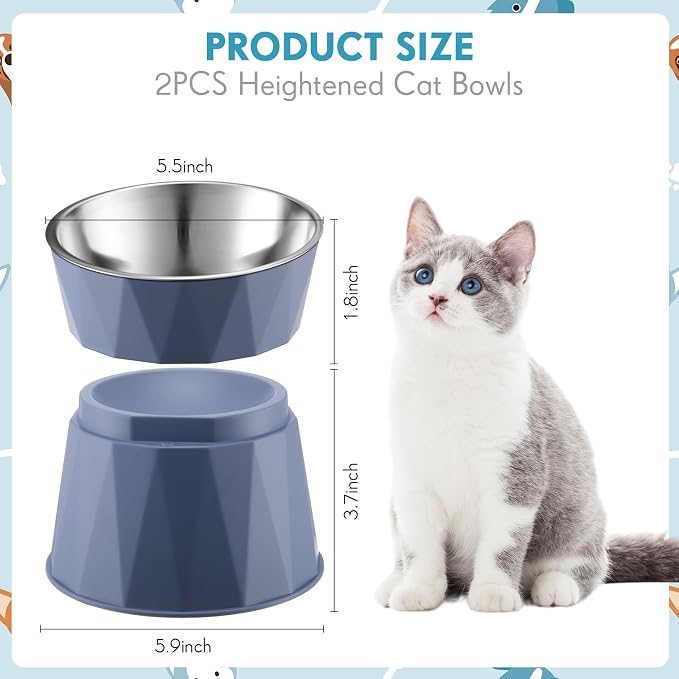 Lallisa Cat Feeder, 2 Pcs Elevated Stainless Steel Bowls with Adjustable Raised Stand, Non-Slip Pet Food and Water Bowl for Cats, Dogs, Hygienic Feeding Eating Pets (Blue, White) - Image 2