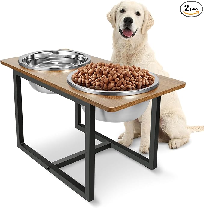 Spacnom Elevated Dog Bowls for Large Dogs, Raised Dog Bowl Stand with Two X-Large Stainless Steel Bowls for Dogs, 3.5L Capacity, Rustic Walnut by Spacnom