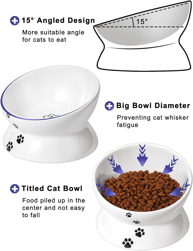 Y YHY Elevated Tilted Cat Bowl, Raised Pet Bowl for Adult Cats or Dogs, Ceramic Food Dish 10 oz, White - Image 2