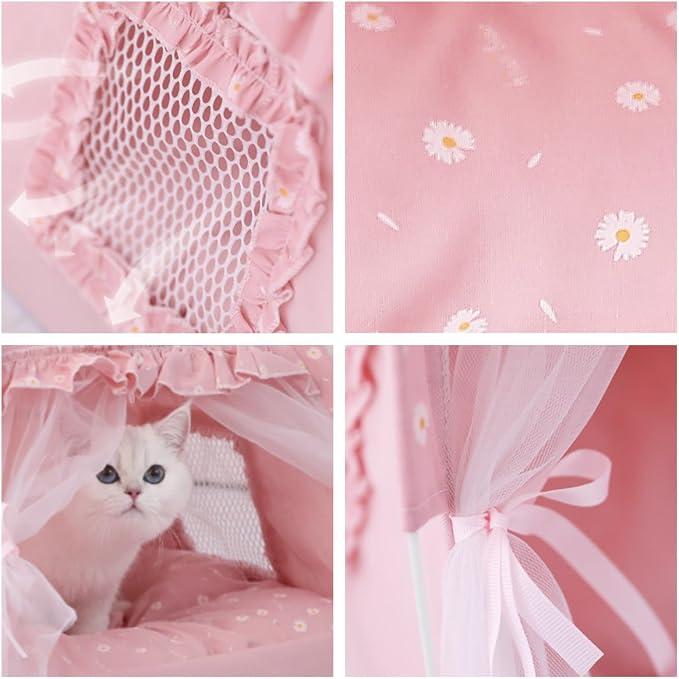 Selena Cat Bed Tents Dog House Indoor Outdoor Lace Mesh Breathable Windows Door Curtains Removable Portable Nest Teepe House (Large,Pink(Ruffled Teim)) - Image 2