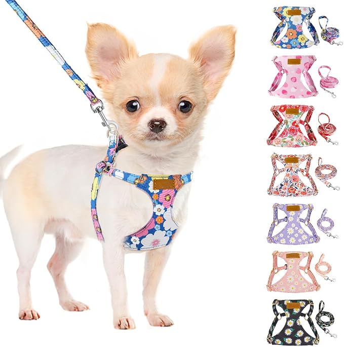 SlowTon No Pull Dog Harness with Leash for Small Medium Dogs, Blue S | Floral Pattern, Step-in, Lightweight, Easy Put On and Off, No Choke, Soft Cotton and Suede for Daily Walking by SlowTon