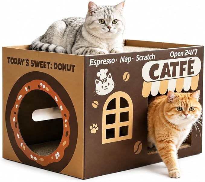 ARGOPET Cardboard Cat Scratcher House, Cozy Cardboard Design with 2 PCS Scratching Pads, Cat Scratcher Box & Bed, 17-Inch Corrugated Cat Scratcher, Safe and Secure for Kittens, Easy to Assemble（Brown） by ARGOPET