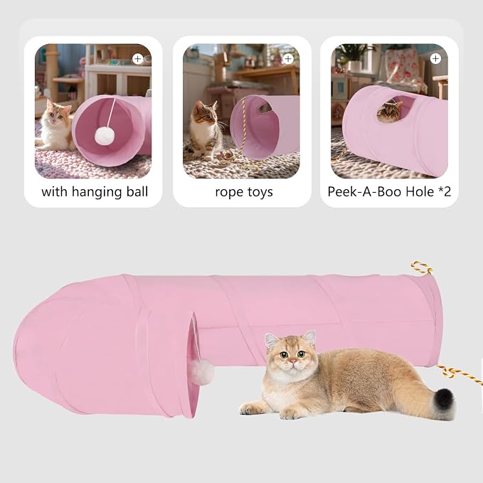 Cat Tunnel, 2-Way Collapsible Cat Tube with Interactive Peek-A-Boo Hole, Toy Ball, and Rope – Ideal for Indoor Cats, Kittens, and Rabbits (Pink) - Image 2