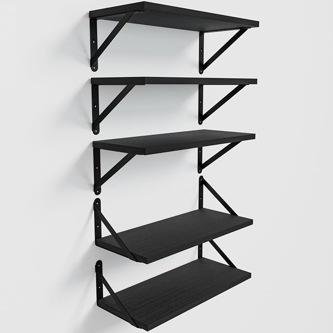Wall Shelves 7.3" Deep Solid Paulownia Wood (Black, Set of 5) | 15mm Thick, Wider & Longer & Stronger, Easy to Install, Floating Shelf for Room Wall, Bathroom Bedroom Office Organizer by COCOYA