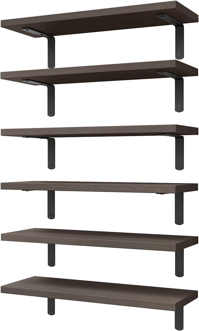 Wood Floating Shelves Set of 6, Shelves for Wall Decor, Farmhouse Shelf for Bedroom, Bathroom Storage Shelves, Book Shelves for Living Room, Dark Brown by WOPITUESOfficial