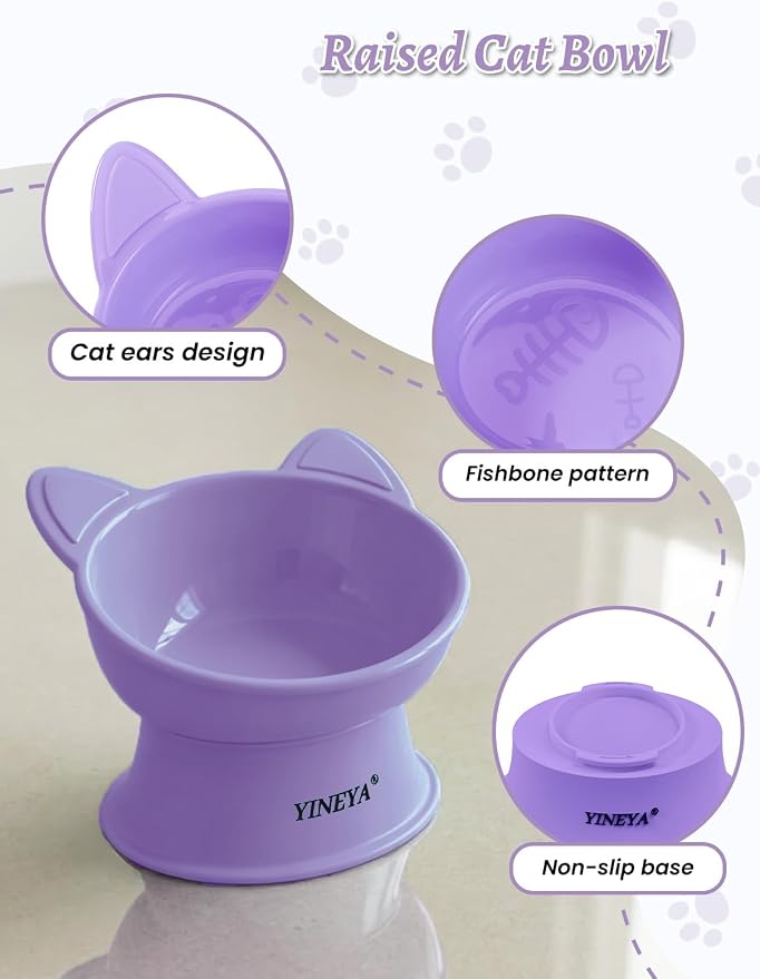 YINEYA Elevated Cat Bowls 2 Pcs, Cat Food Bowl to Protect Neck & Anti-Vomit, Whisker-Friendly Raised Food and Water Bowls Set for Indoor Cats/Small Dogs, Cute Pet Feeding Bowl 6 OZ Each, Purple&Cyan - Image 5