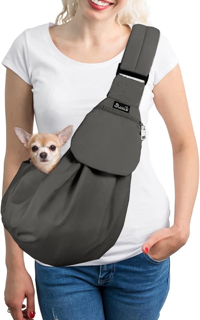 SlowTon Dog Carrier Sling - Thick Padded Shoulder Strap Adjustable, Grey S | Dog Carriers for Small Dogs, Puppy Carrier Purse for Pet Cat with Front Zipper Pocket Safety Belt Machine Washable by SlowTon