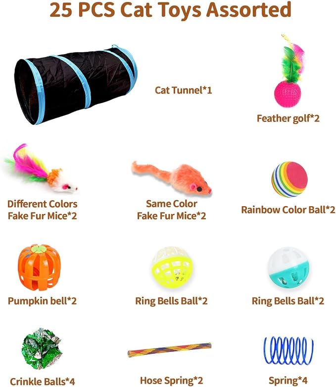 iCAGY 25 Pcs Cat Toys Set, Cat Tunnel Toy for Indoor Cats, Kittens | Interactive Variety Pack, 20 inches Cat Tunnel, Feather Teaser, Feather Golf, Mice, Springs, Balls, Noise Toys - Black 20" - Image 2