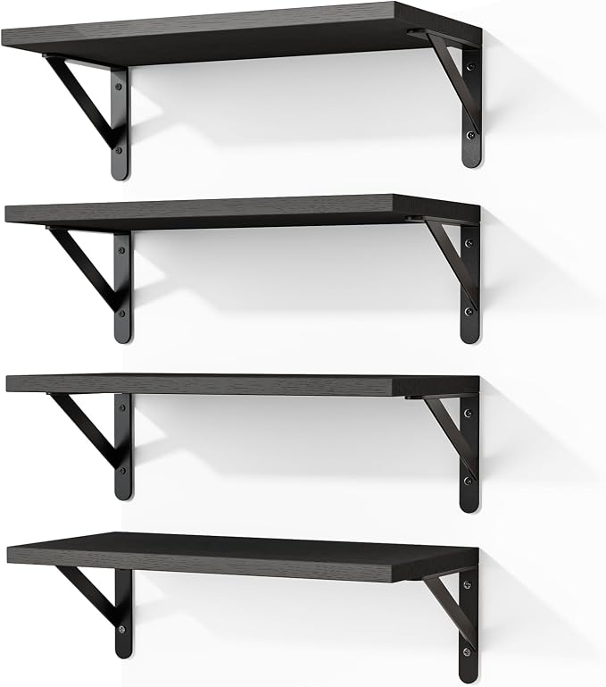 Fixwal Wall Floating Shelves for Home Decor (Black, Set of 4, 16.5 Inch) | Wood Shelves, Natural Grain, 40Lb Capacity, Sturdy Triangle Brackets, Versatile for Any Room by Fixwal