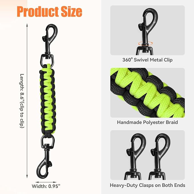 Dog Collar Safety Clip, Collar Companion, Handmade Backup Safety Strap, Double-Ended Clip Leash Connector, Suitable for Dog Harnesses, Prong, Pinch Collars (Black,Fluoro Green, 1 Pack) - Image 3