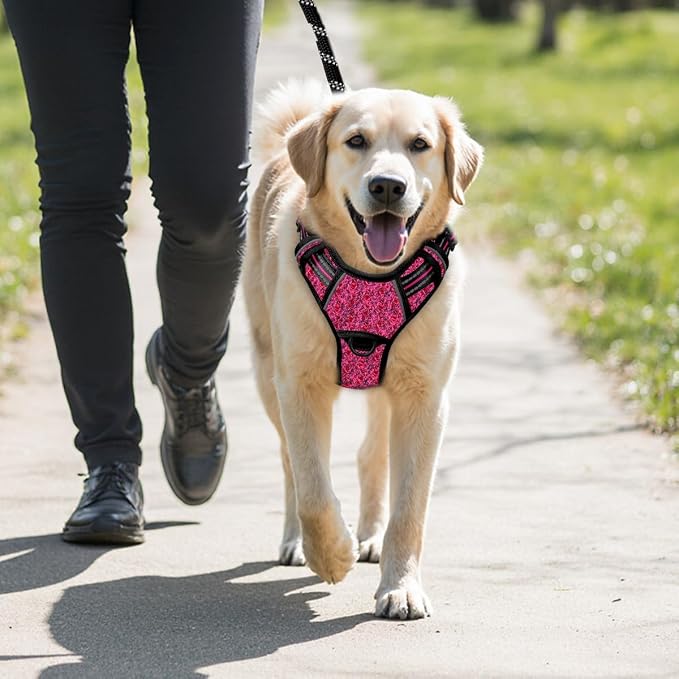 BARKBAY No Pull Dog Harness Large Reflective Dog Harness with Front Clip and Easy Control Handle for Walking Training Running with ID tag Pocket(Pink/Black,M) - Image 9