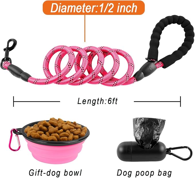 BARKBAY Dog Leashes for Large Dogs Heavy Duty Dog Leash 4/5/6 FT with Comfortable Padded Handle and Highly Reflective Threads for Medium Large Dogs Walking Training Running (6FT-1/2'',Pink) - Image 6