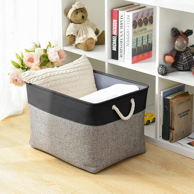 TheWarmHome Organization and Storage Basket for Shelves - 20x16x14 inch Jumbo 3 Pack Collapsible Storage Bins for Organizing, Fabric Storage Cubes for Organizer Gift Toy Closet (Black & Grey) - Image 4