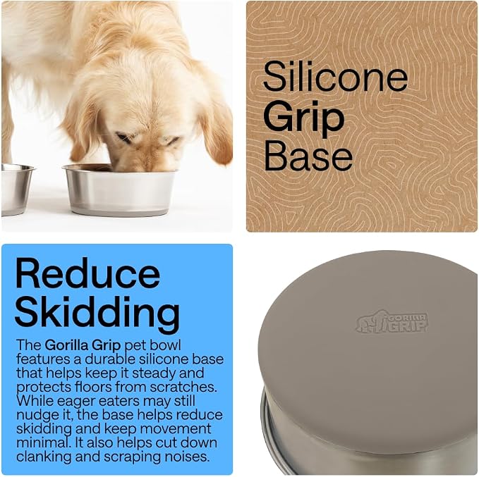 GORILLA GRIP Dog Bowls, Food Grade Stainless Steel, Set of 2, 6 Cup, Beige | 304 Stainless Steel Pet Feeding Bowls Hold 48 fl oz Each, Dishwasher Safe, Rust Resistant, BPA Free Rubber Base - Image 3