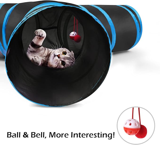 Pawaboo Cat Tunnel Tube 3-Way Tunnels, Blue, 25x53cm | Extensible Collapsible, Cat Play Tent Interactive Toy Maze, Cat House Bed, With Balls and Bells - Image 4
