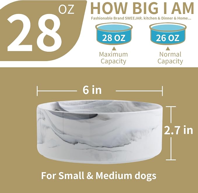 Raised/Elevated Ceramic Dog Bowl for Small Medium Sized Breeds,Dog Food Water Bowl with Stand,6 in Non Slip Heavy Pet Feeding Dish 3.6 Cups/ 850 ml /28 OZ Marble Grey - Image 2