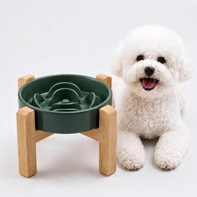 Elevated Ceramic Slow Feeder Dog Bowls Anti-Choking Slow Feeding for Small&Medium Size Anti-Slip Non-Lead & Toxic Durable Easy to Clean Maze Slow Feeder Bowl（8.26in Olive Green Flower Pattern） by addggo