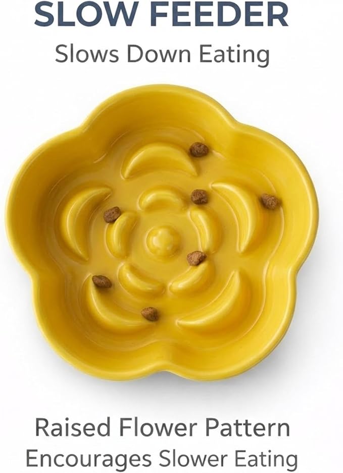 Ceramic Elevated Slow Feeder Cat Bowl, Raised and Gently Tilted Feeding Dish with Maze Design, Whisker-Friendly, Easy to Clean, for Indoor Cats and Small Dogs (Beige/Yellow) - Image 4