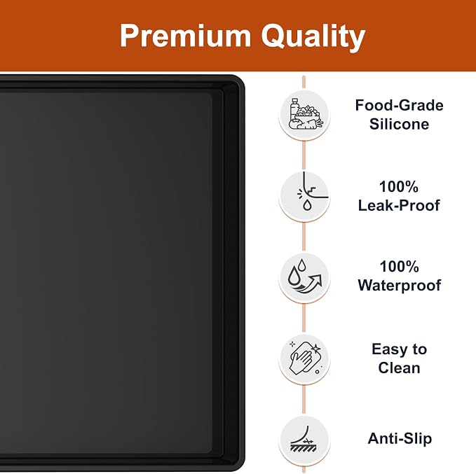 19" x 12" Extra Thick Silicone Mat Waterproof with Raised Edge, Black | BPA-Free Non-Slip Dog & Cat Food Mat, Feeding Mat for Food and Water Bowls, Spill Proof Mat to Protect Floors - Image 2