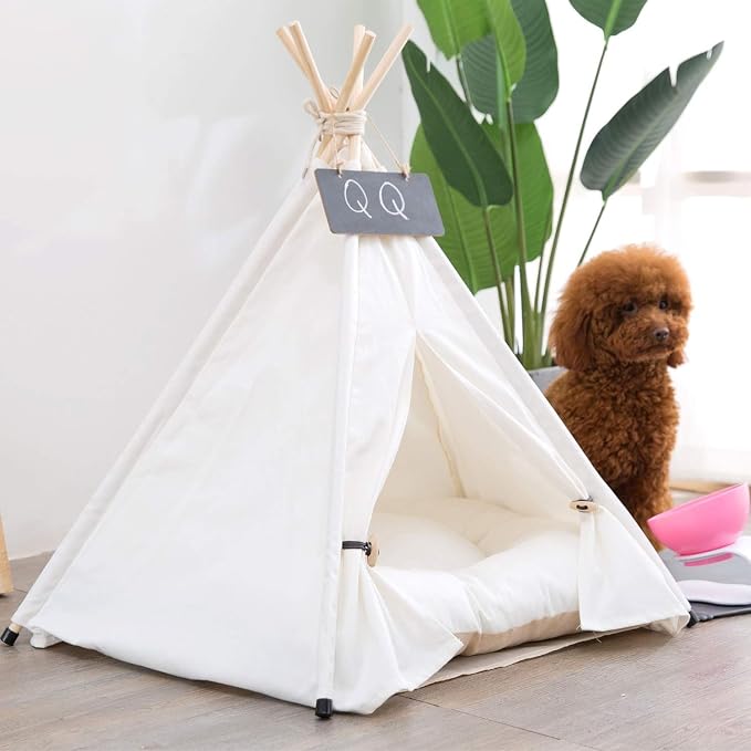 Dog Teepee Bed Cat Tent Portable Houses Pet Puppy with Thick Cushion (M:Size fits 9kg/20lbs (Pets)) | (White, M:Size fits 9kg/20lbs (Pets)) - Image 2