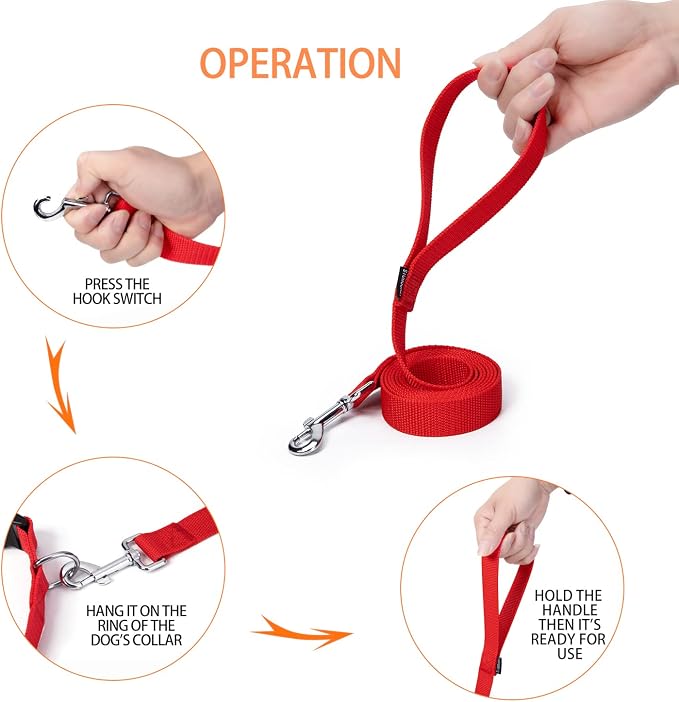 Strong Durable Nylon Dog Training Leash, 1 Inch Wide Traction Rope, 6 ft 10ft 15ft Long, for Small and Medium Dog (Red, 6 Feet) - Image 4
